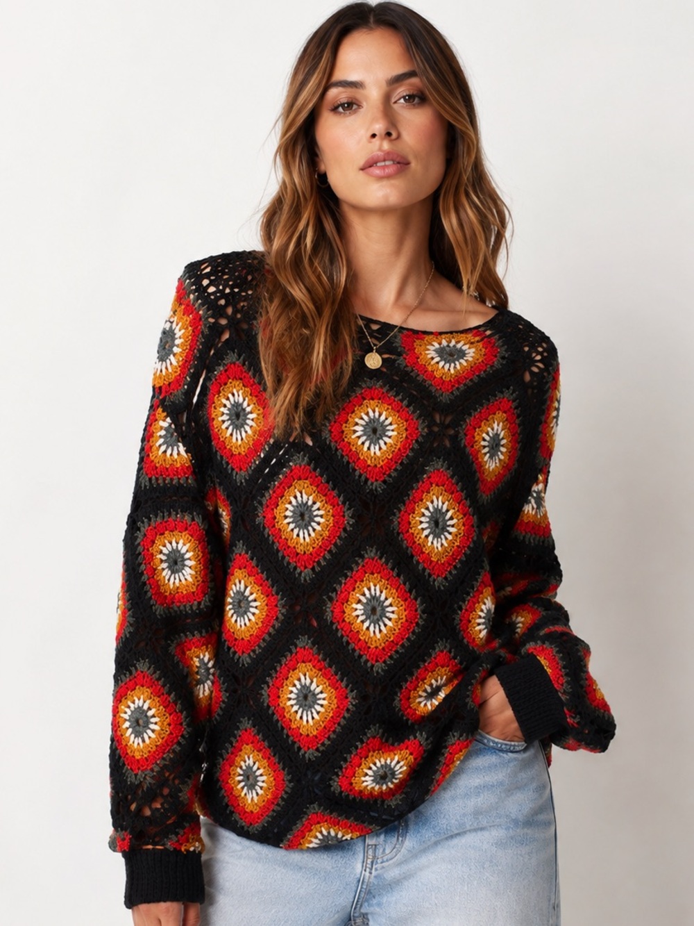 Zara Vibrant Crochet Retro Inspired Granny Square Knit Oversized Sweater Sz S